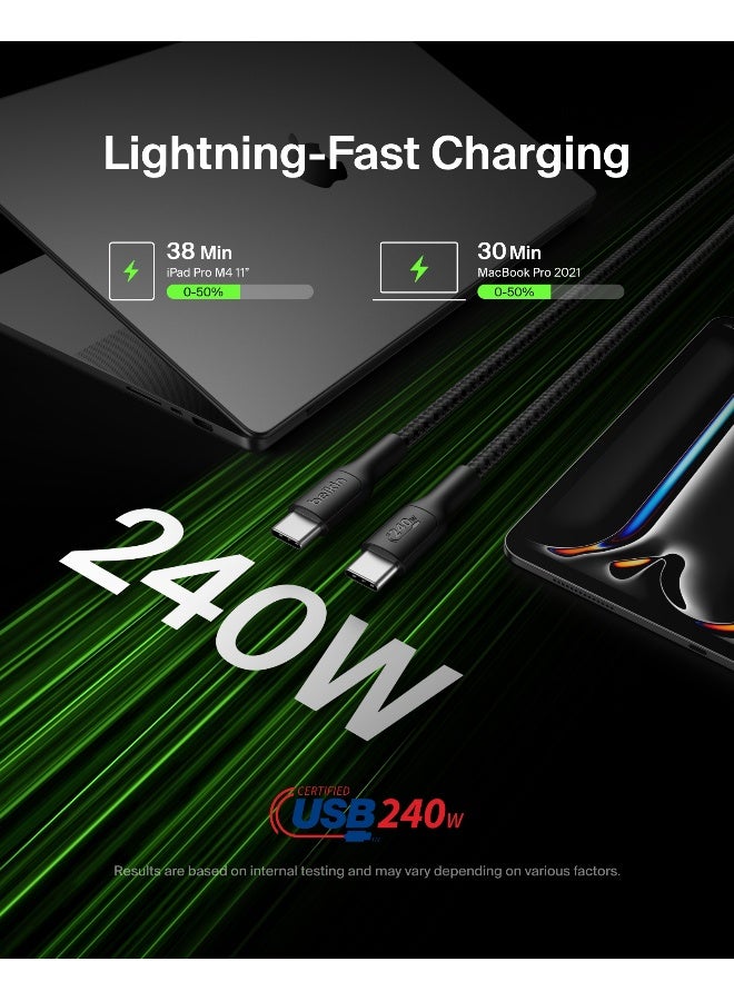 بيلكين كابل USB-C إلى USB-C مضفر طراز Belkin Eco (بطول 2 م بقدرة 240 واط) - كابل لين ومرن وسريع الشحن وكابل شحن بمنفذ من نوع Type C لأجهزة iPhone 16 وGalaxy S25 وPixel 9 وMacBook وiPad Pro - أسود (USB 2.0) - Image 2
