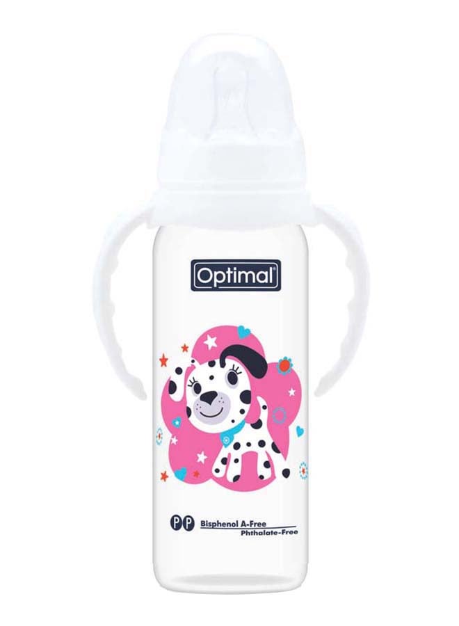 Optimal زجاجة رضاعة ذات عنق ضيق ومقبض سعة 240 مل، لون أبيض - Image 1