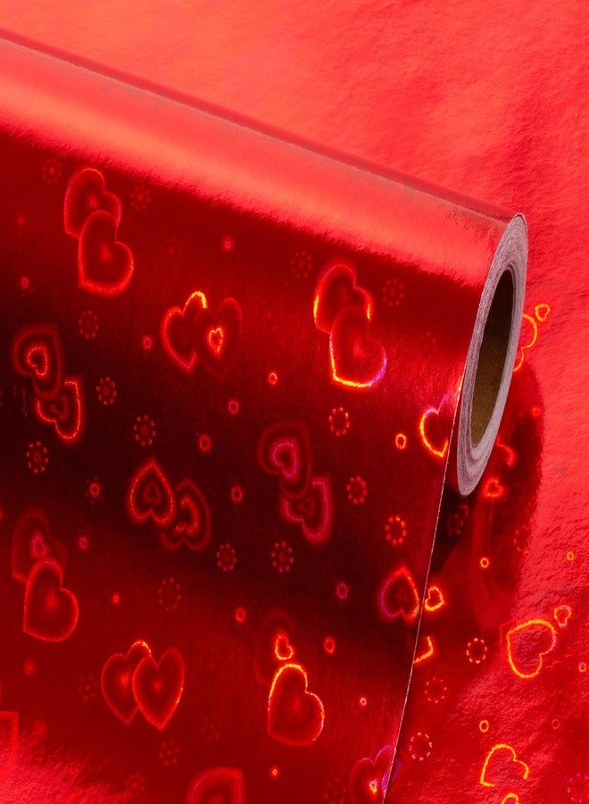 Flyhill Red Wrapping Paper Holographic Foil Gift Paper with iridescent Love Heart for Valentine's day,Anniversary,Holiday,Wedding,Baby Shower - Mini Roll 17inch*32.8ft - Image 1