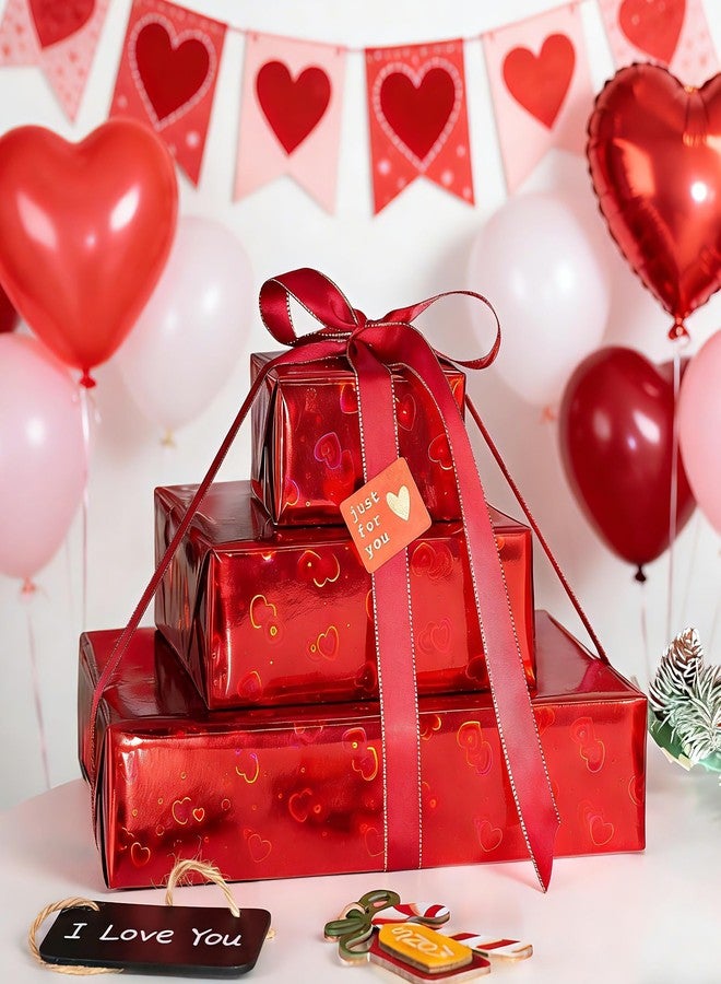 Flyhill Red Wrapping Paper Holographic Foil Gift Paper with iridescent Love Heart for Valentine's day,Anniversary,Holiday,Wedding,Baby Shower - Mini Roll 17inch*32.8ft - Image 3