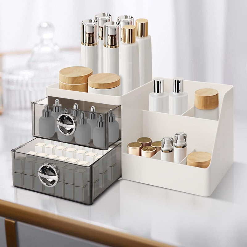Sunkaioo Makeup Organizer with Clear Drawers,Plastic Skincare Organizers for Vanity,Large Capacity Makeup Organizer Countertop for Cosmetics, Skincare,Office Stationery (Gray Drawer) - Image 3