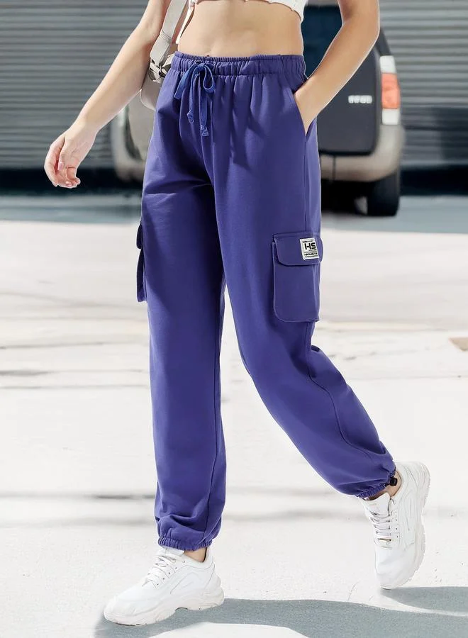 HIGH STAR Women'S Navy 100% Cotton Solid Pattern Full Length Casual Jogger Track Pant