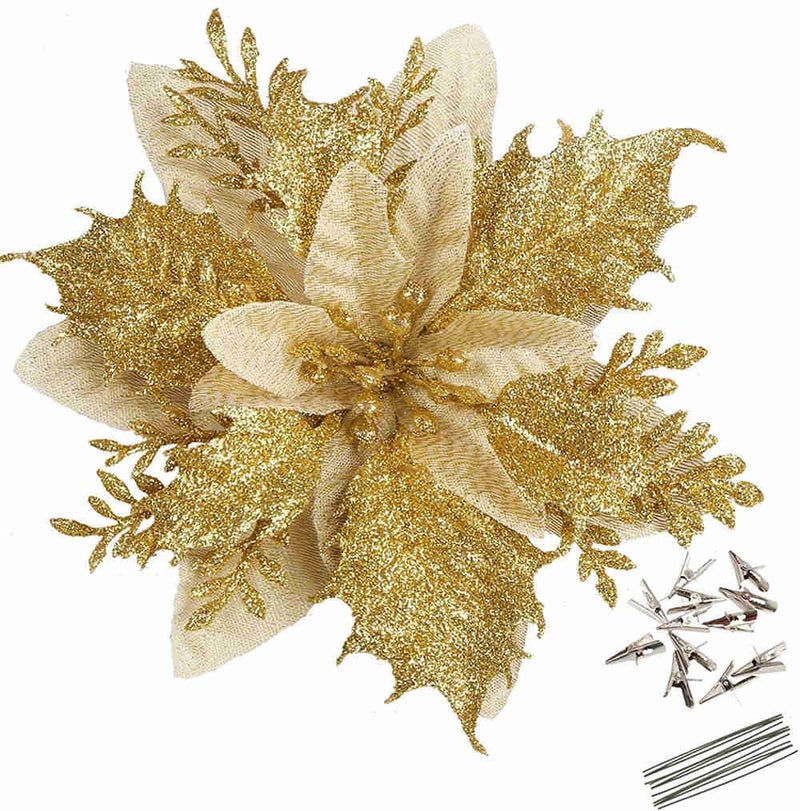 GREENTIME 12 Pcs Glitter Poinsettia 55 Artificial Flowers Christmas with Clips Stems Xmas Tree Ornaments for Wedding Party Wreath Decoration Golden