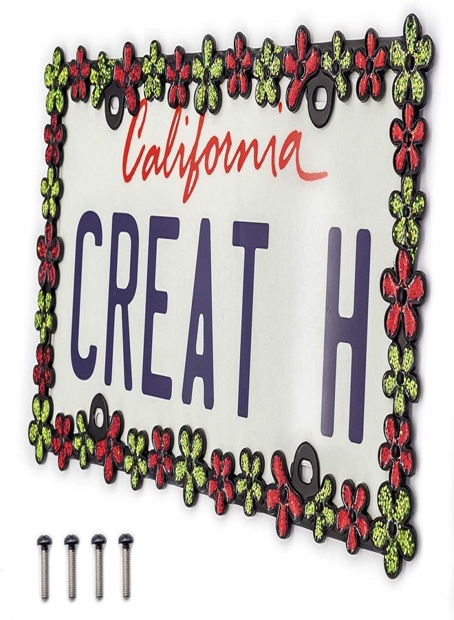 Creathome 3D Shining Daisy Wrenth License Plate Frame from Pure Zinc Alloy Metal Perfect Plate Holder ,Matt Black with Red and Green Glitter - Image 2