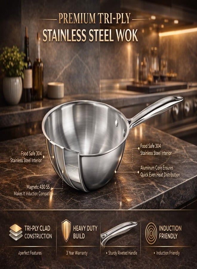 WEKTU Tri-Ply Stainless Steel Wok, 20 cm Diameter, 1.5 Litre Capacity, Induction Compatible, Food Safe 304 Steel Interior, Aluminum Core - Image 3