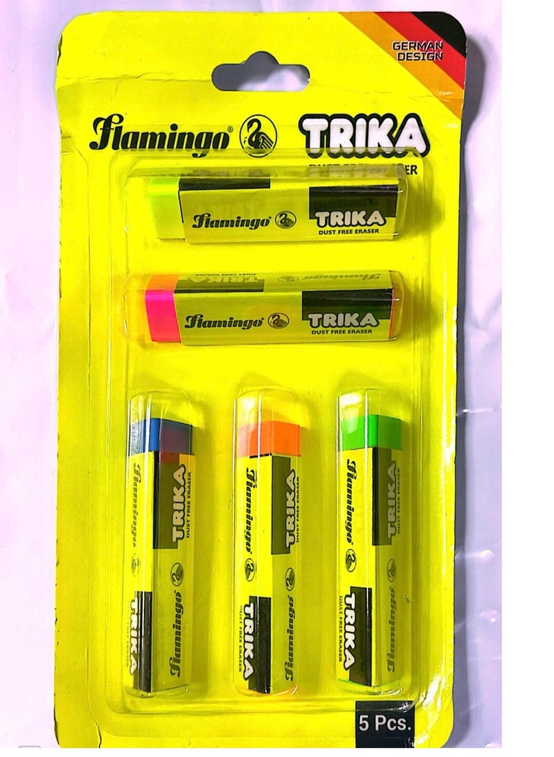 Flamingo 5-Pieces Blister Pack Trika Dust Free Eraser Set Multicolor