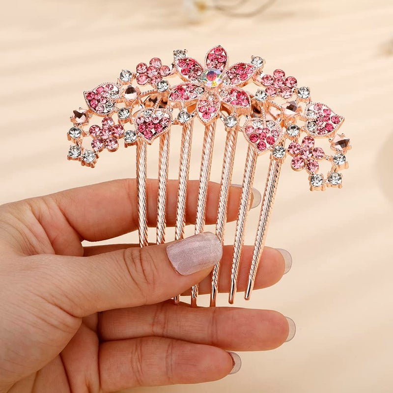 Jumwrit Crystal Bride Wedding Hair Comb Love Heart Leaf Colorful Rhinestone Flower Hair Side Comb Rose Gold Hair Clip Comb Floral Vintage Bridesmaid Headpiece Bridal Hair Jewelry for Women GirlsPink