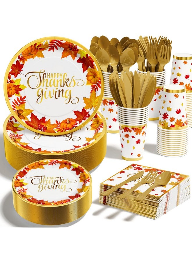 Qinline Qinline Thanksgiving Fall Party Supplies - 350 PCS Dinnerware Set with Autumn Maple Leaves Gold Paper Plates Napkins Cups Plastic Forks Knives Spoon for Harvest Celebrations  - Image 1