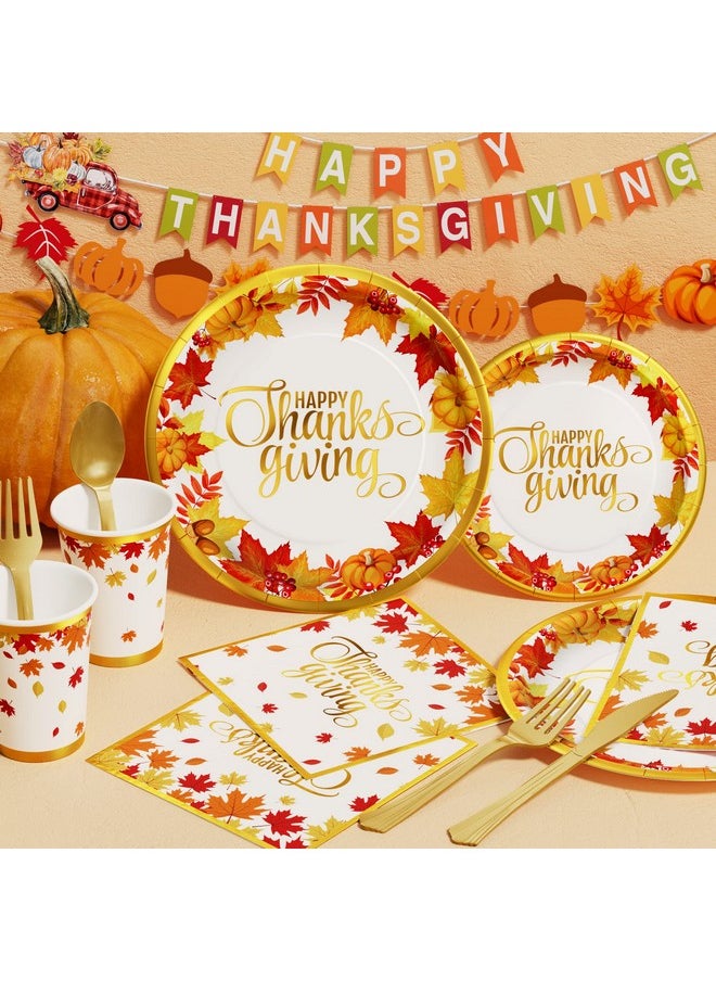 Qinline Qinline Thanksgiving Fall Party Supplies - 350 PCS Dinnerware Set with Autumn Maple Leaves Gold Paper Plates Napkins Cups Plastic Forks Knives Spoon for Harvest Celebrations  - Image 3