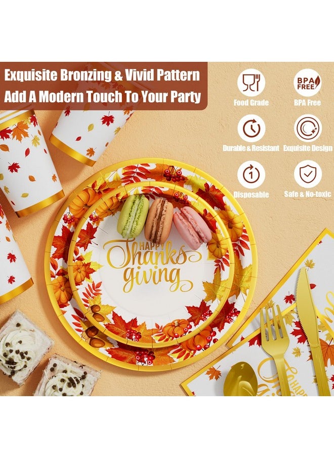 Qinline Qinline Thanksgiving Fall Party Supplies - 350 PCS Dinnerware Set with Autumn Maple Leaves Gold Paper Plates Napkins Cups Plastic Forks Knives Spoon for Harvest Celebrations  - Image 4