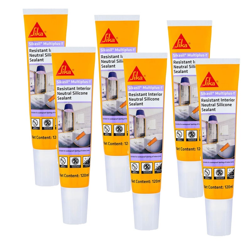 SIKA عبوة من 6 مواد مانعة للتسرب السيليكونية العالمية - سيكاسيل ملتيبلوس-تي - مانع تسرب صحي - مضاد للعفن - مضاد للفطريات - للمطابخ والحمامات - أبيض - 120 مل - Image 1
