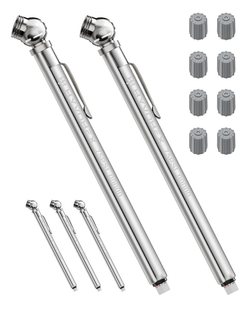 HYVOHEX Pencil Tire Pressure Gauge 2 Pack With Valve Caps  Stainless Steel Body Tire Gauges For Tire Pressure With Deflator Valve  Metal Nozzle Tire Gauge For Cars  Pickups  Rvs  Bicycles - Image 1