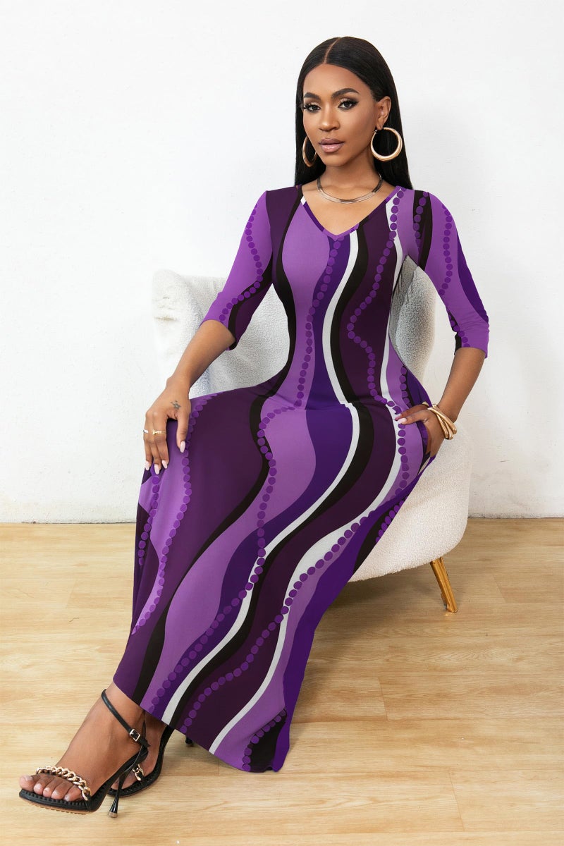 FANDEE Boho Maxi Dress Purple, Flattering Dresses for Curvy Women with Sleeves and Pockets, Striped, L - Image 3