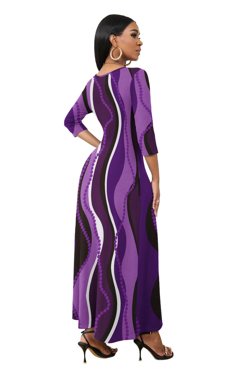 FANDEE Boho Maxi Dress Purple, Flattering Dresses for Curvy Women with Sleeves and Pockets, Striped, L - Image 4