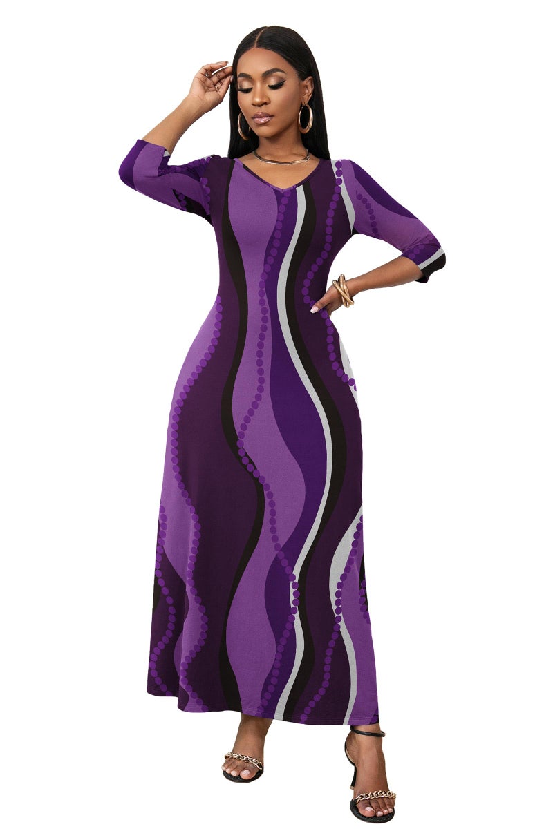 FANDEE Boho Maxi Dress Purple, Flattering Dresses for Curvy Women with Sleeves and Pockets, Striped, L - Image 2