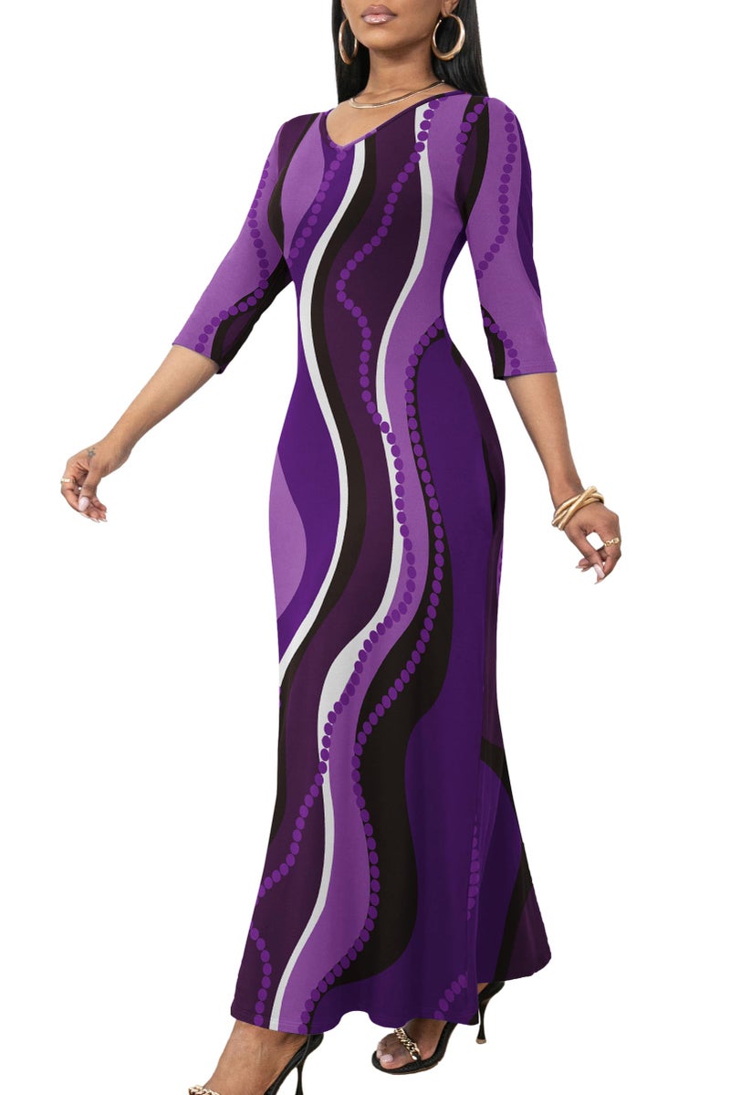 FANDEE Boho Maxi Dress Purple, Flattering Dresses for Curvy Women with Sleeves and Pockets, Striped, L - Image 1