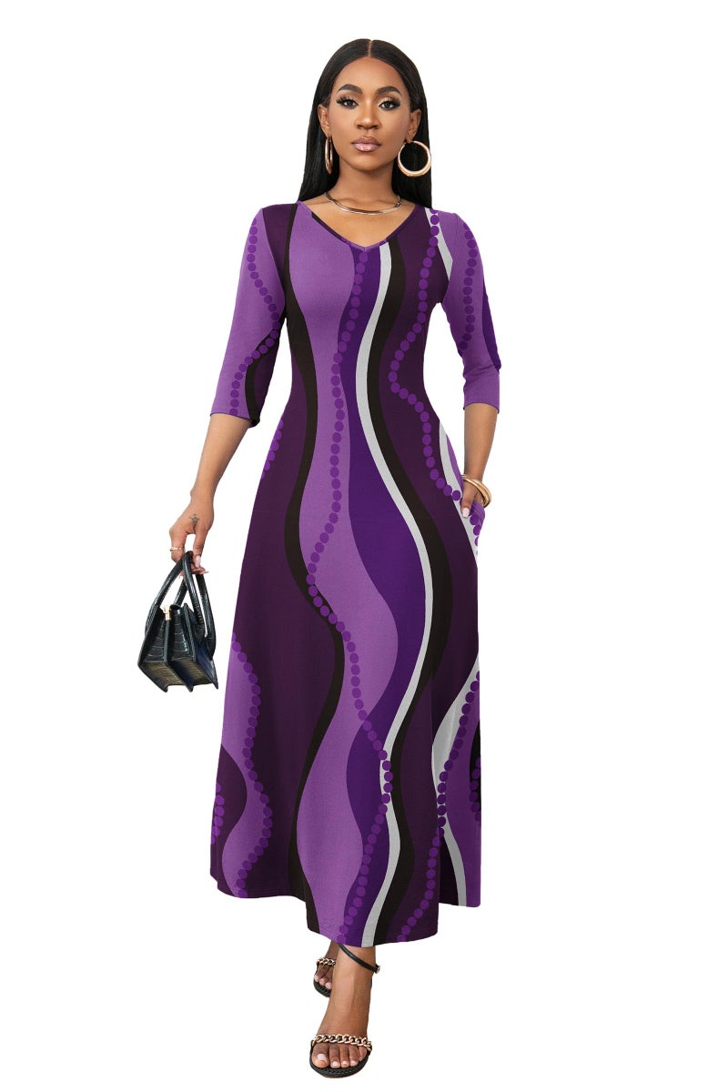 FANDEE Boho Maxi Dress Purple, Flattering Dresses for Curvy Women with Sleeves and Pockets, Striped, L - Image 5