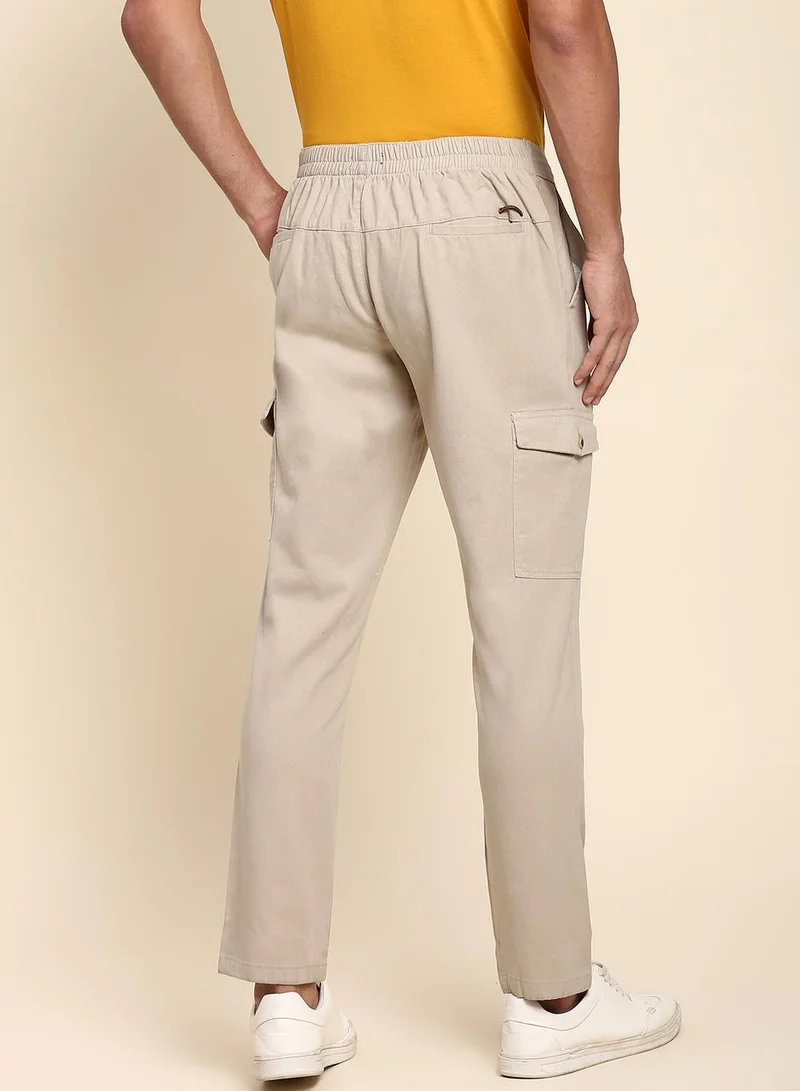 Dennis Lingo Men's Beige Cotton Blend Solid Full Length Chinos Tapered Fit Trouser
