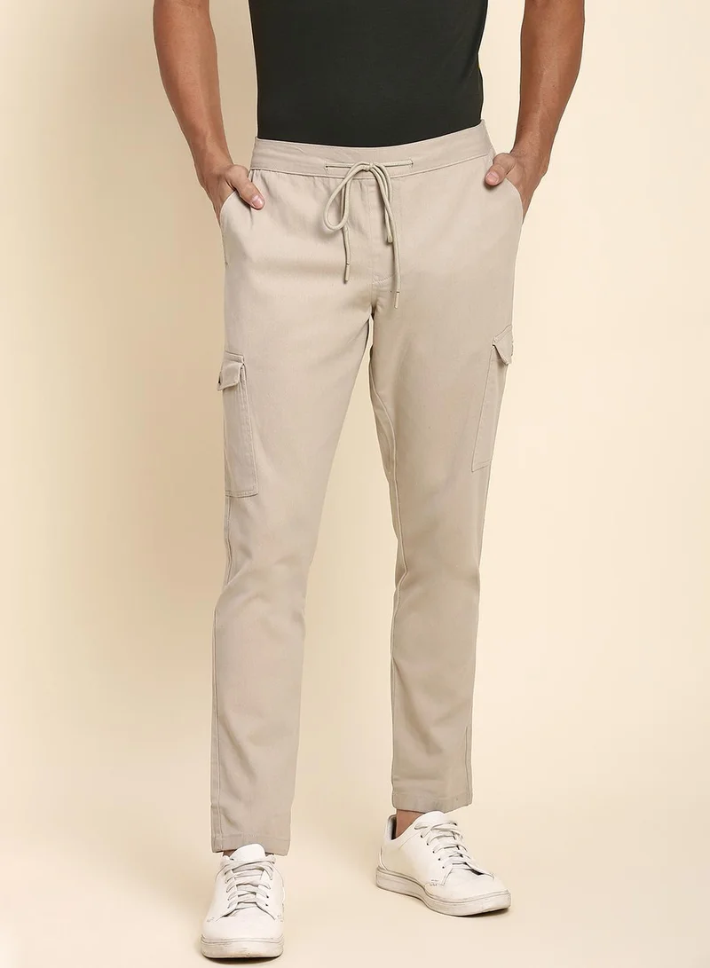 Dennis Lingo Men's Beige Cotton Blend Solid Full Length Chinos Tapered Fit Trouser