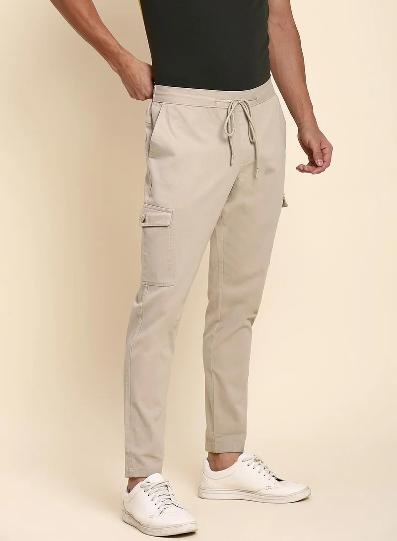 Dennis Lingo Men's Beige Cotton Blend Solid Full Length Chinos Tapered Fit Trouser