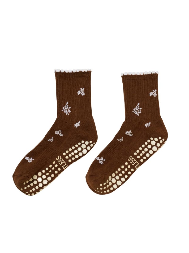 Shapes Studio Crew Half Calf Grip Socks, Cutest Fruits Pilates Socks, Ruffle socks, Non-Slip, Barre Yoga Fitness (US, Numeric, 5, 10, Regular, Regular, Snowflake Flower (Chocolate), Effortless Club) - Image 1