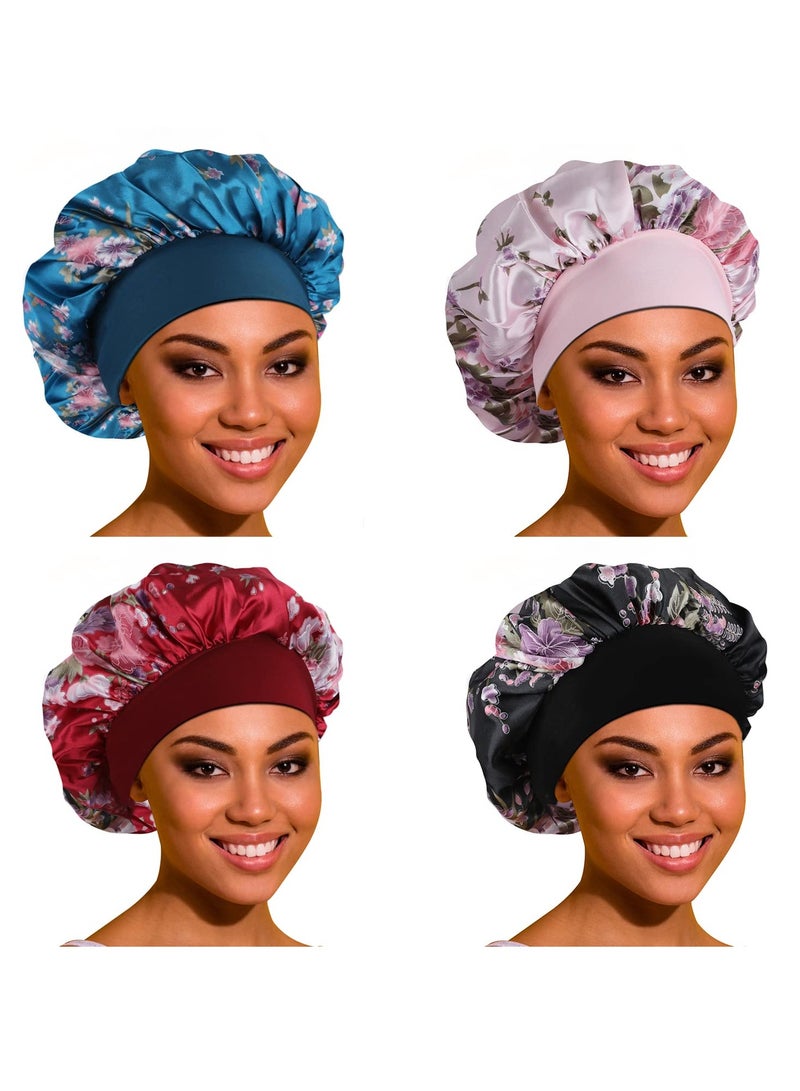 Satin Bonnet Hair Bonnet for Sleeping- 4 Pack Large Bonnets for Women with Elastic Soft Band for Curly Hair Braids - Image 1