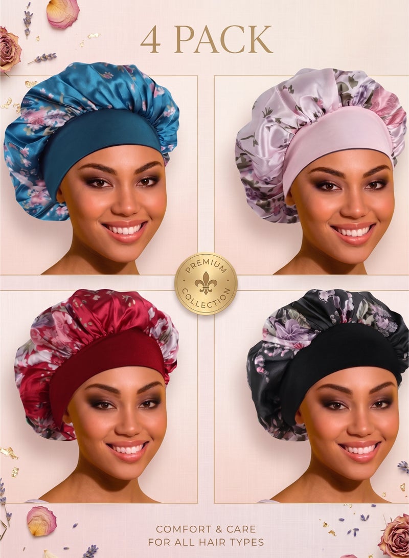 YUFAN 4 Pack Satin Bonnet Hair Bonnet for Sleeping- Large Bonnets for Women with Elastic Soft Band for Curly Hair Braids - Image 1
