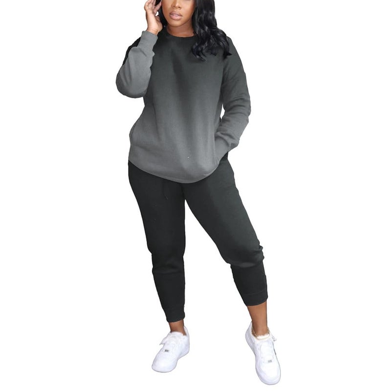 HBQ Two Piece Outfits For Women Casual Long Sleeve Sweatsuits Jogger Tracksuits Lounge Sets With Pockets-Gradient-L - Image 1