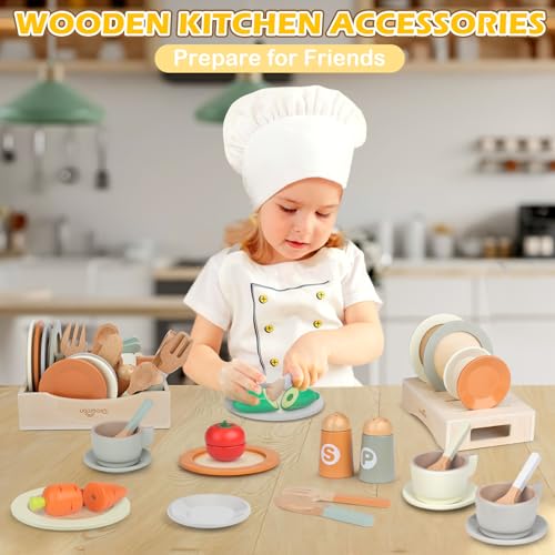 Dreamon Wooden Play Dishes and Plates for Kids Kitchen Set, 27 PCS Wooden Play Kitchen Accessories, Kitchen Toy for Toddlers Boys Girls 3 4 5 6 - Image 5