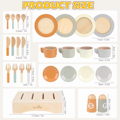 Dreamon Wooden Play Dishes and Plates for Kids Kitchen Set, 27 PCS Wooden Play Kitchen Accessories, Kitchen Toy for Toddlers Boys Girls 3 4 5 6 - Image 3