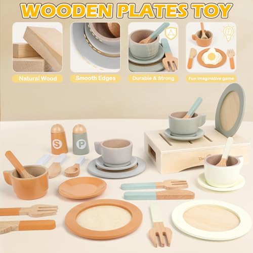 Dreamon Wooden Play Dishes and Plates for Kids Kitchen Set, 27 PCS Wooden Play Kitchen Accessories, Kitchen Toy for Toddlers Boys Girls 3 4 5 6 - Image 2