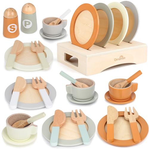 Dreamon Wooden Play Dishes and Plates for Kids Kitchen Set, 27 PCS Wooden Play Kitchen Accessories, Kitchen Toy for Toddlers Boys Girls 3 4 5 6 - Image 1