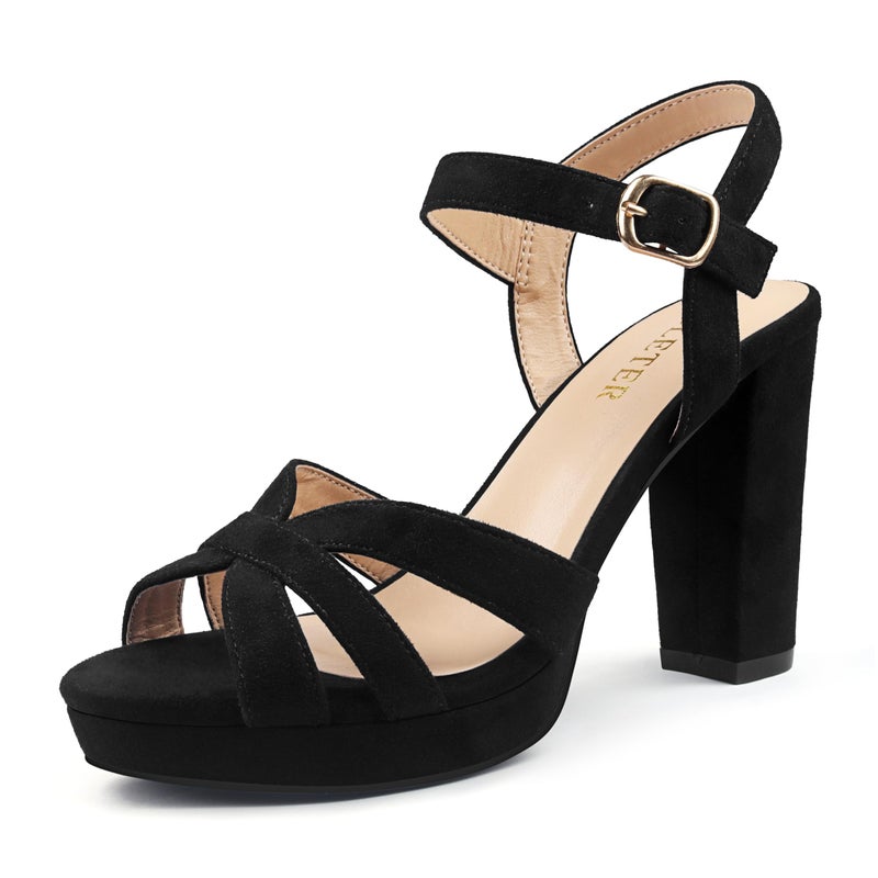 COLETER Women's Platform Chunky Heels Ankle Strap Block Heeled Sandals Party Wedding Shoes Suede Black 7US - Image 1