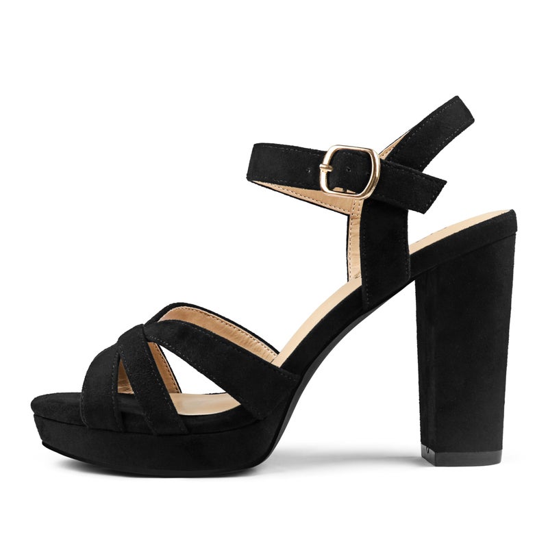 COLETER Women's Platform Chunky Heels Ankle Strap Block Heeled Sandals Party Wedding Shoes Suede Black 7US - Image 4