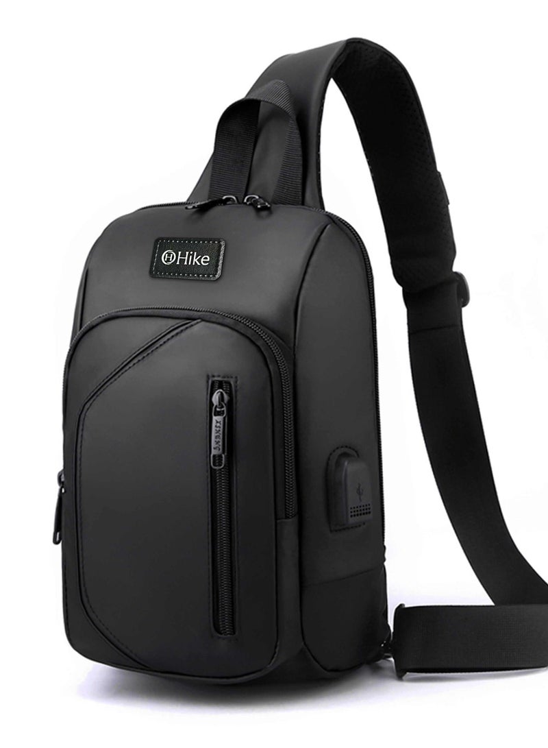 HIKE Crossbody Sling Bag Synthetic Water Resistant Unisex Small Shoulder Bag with Built in USB Port for Business Travel Outdoor Shopping, HK2032, Black - Image 1