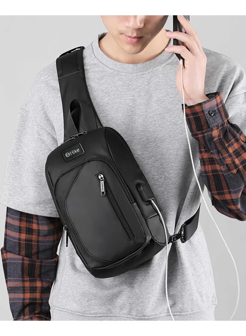 هايك Crossbody Sling Bag Synthetic Water Resistant Unisex Small Shoulder Bag with Built in USB Port for Business Travel Outdoor Shopping, HK2032, Black