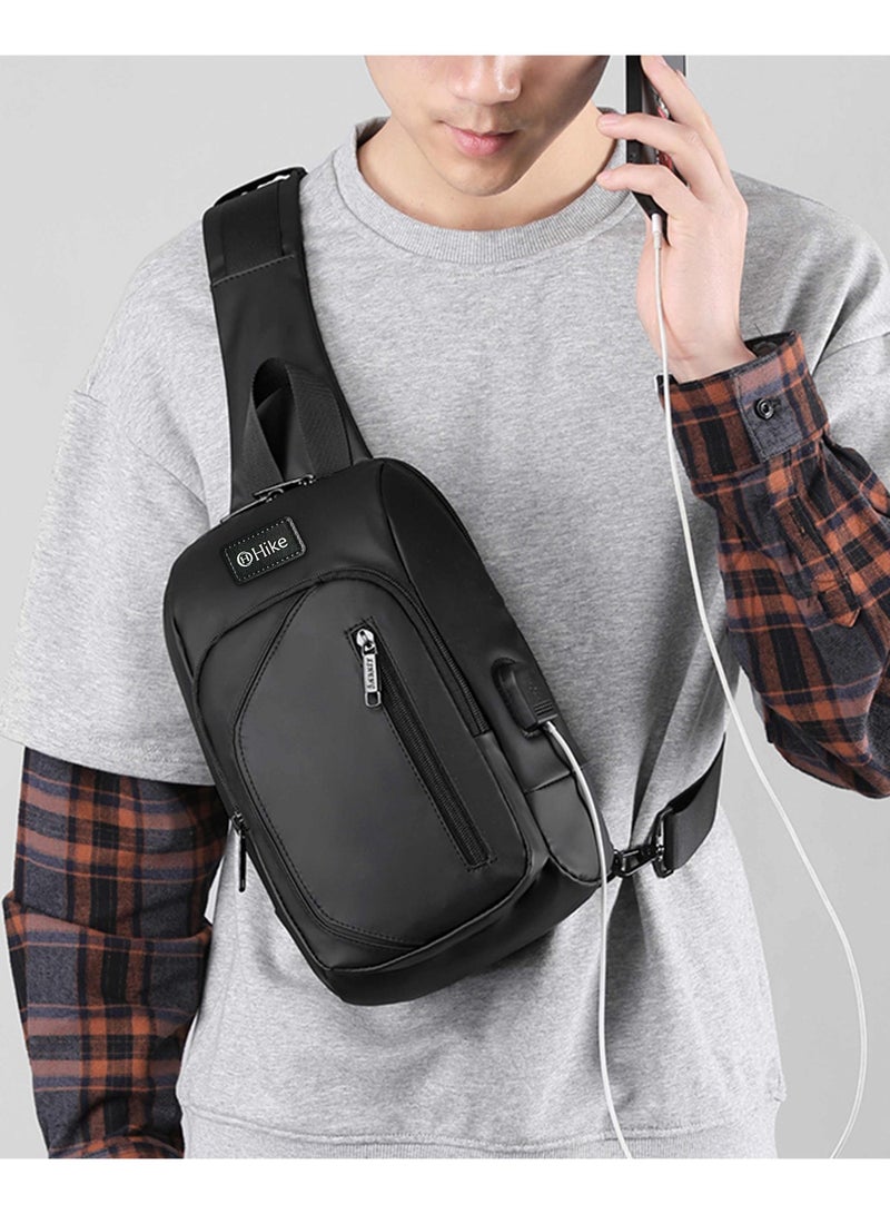 HIKE Crossbody Sling Bag Synthetic Water Resistant Unisex Small Shoulder Bag with Built in USB Port for Business Travel Outdoor Shopping, HK2032, Black - Image 2