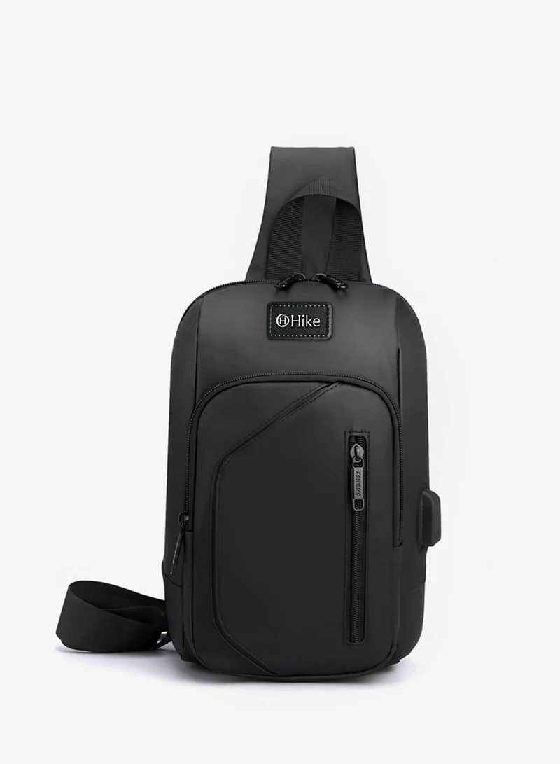 Hike Black Crossbody Sling Bag Synthetic Water Resistant Unisex Small Shoulder Bag with Built in USB Port for Business Travel Outdoor Shopping, HK2032, Black  | Best Price UAE