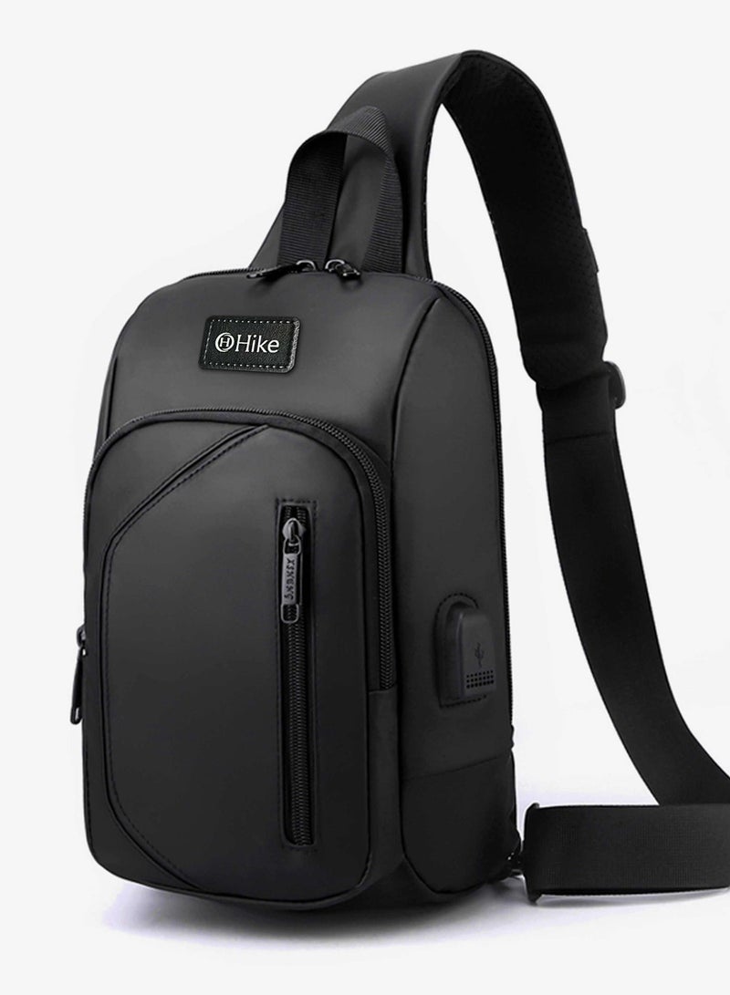 HIKE Crossbody Sling Bag Synthetic Water Resistant Unisex Small Shoulder Bag with Built in USB Port for Business Travel Outdoor Shopping, HK2032, Black - Image 1