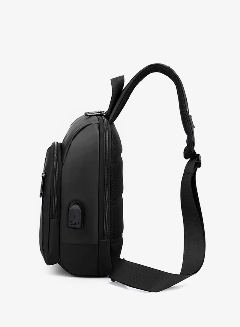 Hike Black Crossbody Sling Bag Synthetic Water Resistant Unisex Small Shoulder Bag with Built in USB Port for Business Travel Outdoor Shopping, HK2032, Black  | Best Price UAE