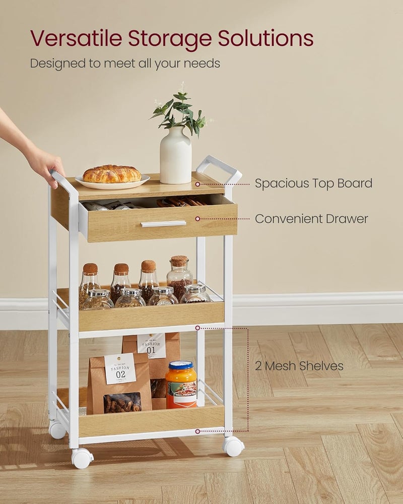 VASAGLE عربة تخزين فاساجل، عربة متحركة بثلاثة أرفف مع سطح طاولة، مقابض، 4 عجلات قابلة للقفل، درج علوي، أرفف شبكية، للمطبخ، الحمام، غرفة النوم، بلون البلوط الذهبي والأبيض السحابي - Image 4