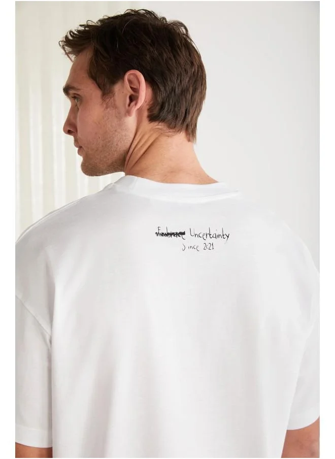 جريميلانج Grimelange Mariona Men's Cotton Front Printed Short Sleeve Crew Neck Oversize White T-Shirt