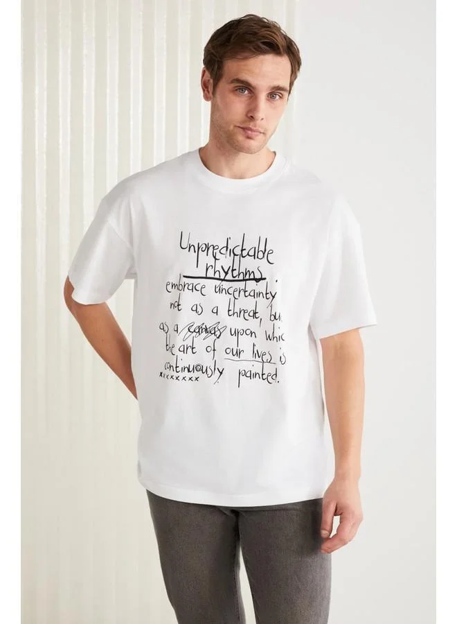 GRIMELANGE Grimelange Mariona Men's Cotton Front Printed Short Sleeve Crew Neck Oversize White T-Shirt