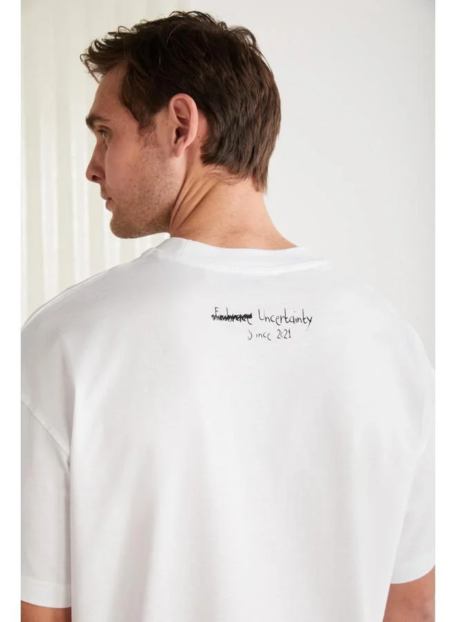 GRIMELANGE Grimelange Mariona Men's Cotton Front Printed Short Sleeve Crew Neck Oversize White T-Shirt