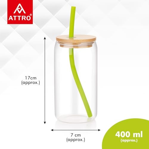 ATTRO 400ml Drinking Glass with Wooden Lid & Silicone Straw Travel Sipper Tumbler– Ideal for Juices, Smoothies &Cocktails – Durable, Leak Proof Glass for On The Go - Image 2