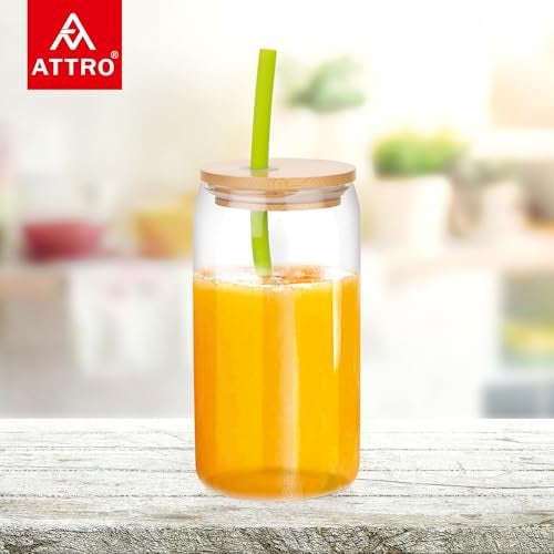 ATTRO 400ml Drinking Glass with Wooden Lid & Silicone Straw Travel Sipper Tumbler– Ideal for Juices, Smoothies &Cocktails – Durable, Leak Proof Glass for On The Go - Image 3