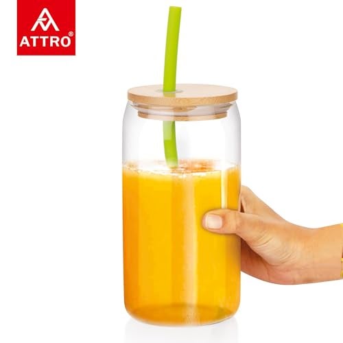 ATTRO 400ml Drinking Glass with Wooden Lid & Silicone Straw Travel Sipper Tumbler– Ideal for Juices, Smoothies &Cocktails – Durable, Leak Proof Glass for On The Go - Image 4