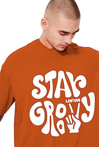 LEOTUDE Cotton Blend Men's Oversized Half Sleeve Round Neck T Shirt(Grl_Org_Grvy_P_Orng_2Xl), Orange - Image 2