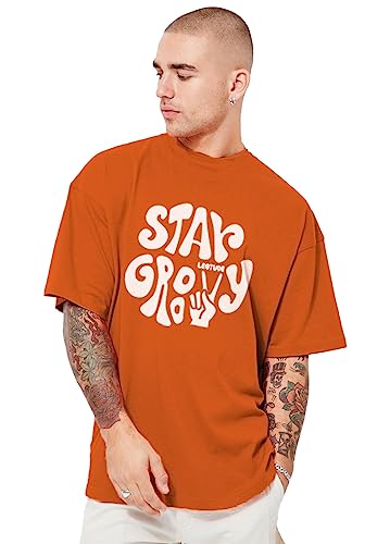LEOTUDE Cotton Blend Men's Oversized Half Sleeve Round Neck T Shirt(Grl_Org_Grvy_P_Orng_2Xl), Orange - Image 1