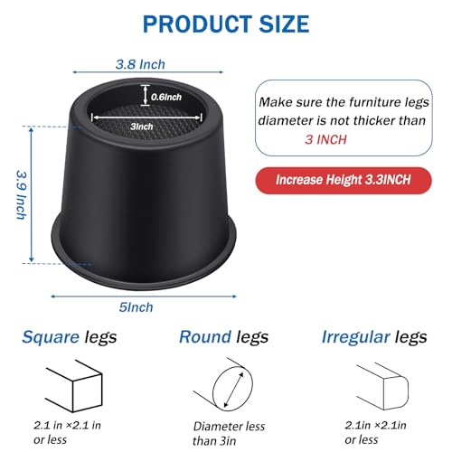 ANNKUT Bed Risers 4 Inch Heavy Duty, Round Furniture Risers for Bed Desk Table Sofa Couch，Bed Lifts Risers, Support up to 3300 Lbs(4 Pack Black) - Image 2